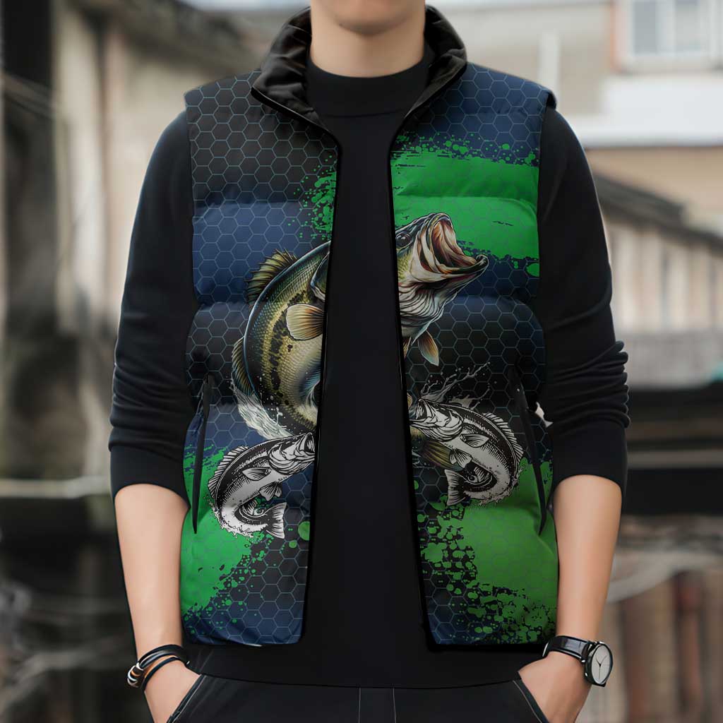 Personalized Bass Fishing Sleeveless Puffer Jacket with Jumping Fish – Green and Black Angler Design - Wonder Print Shop