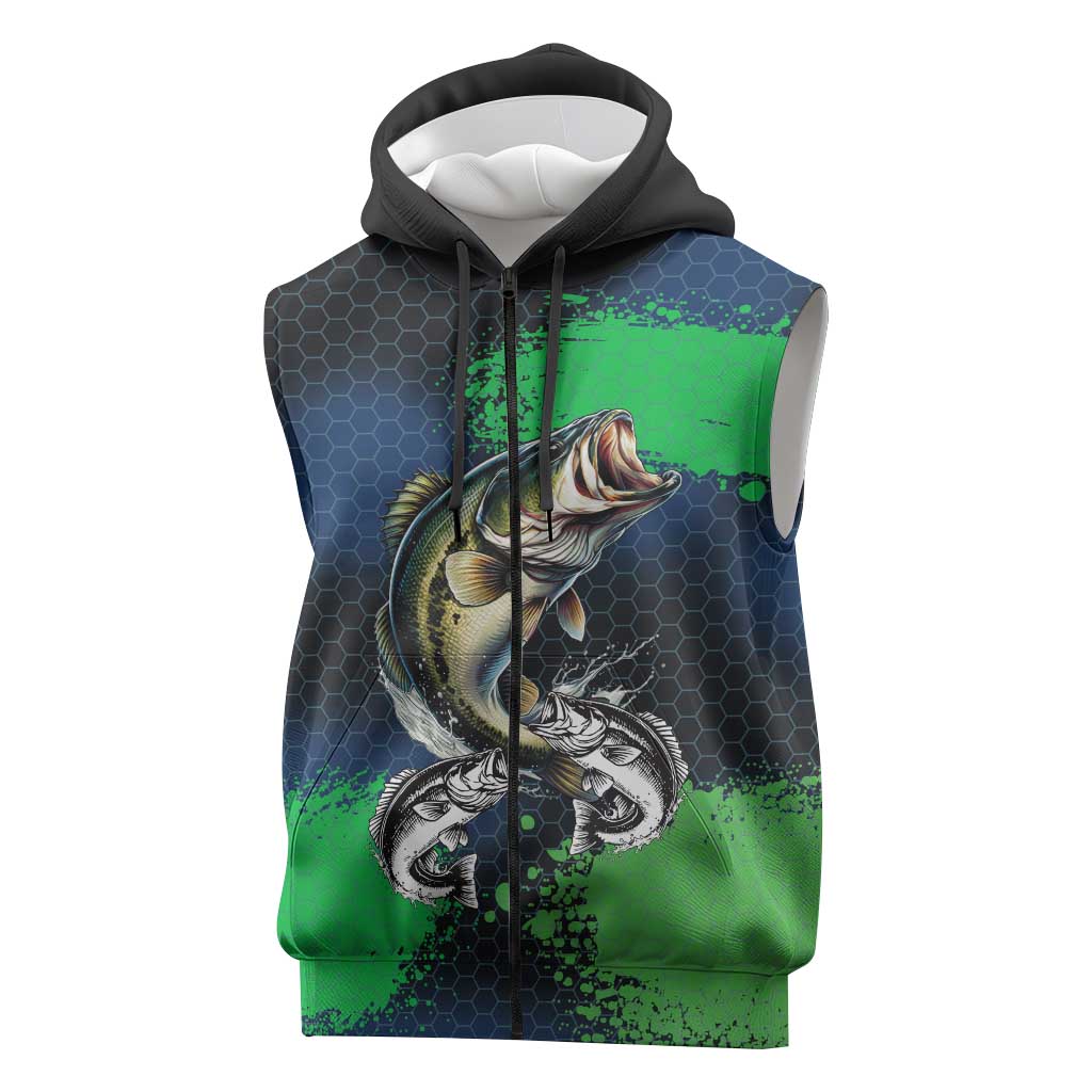 Personalized Bass Fishing Sleeveless Zip Hoodie with Jumping Fish – Green and Black Angler Design - Wonder Print Shop