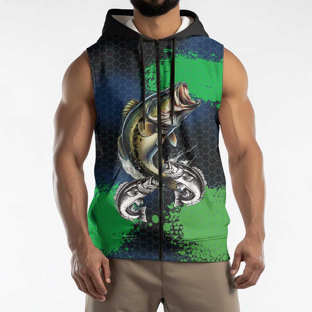 Personalized Bass Fishing Sleeveless Zip Hoodie with Jumping Fish – Green and Black Angler Design - Wonder Print Shop