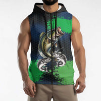 Personalized Bass Fishing Sleeveless Zip Hoodie with Jumping Fish – Green and Black Angler Design - Wonder Print Shop