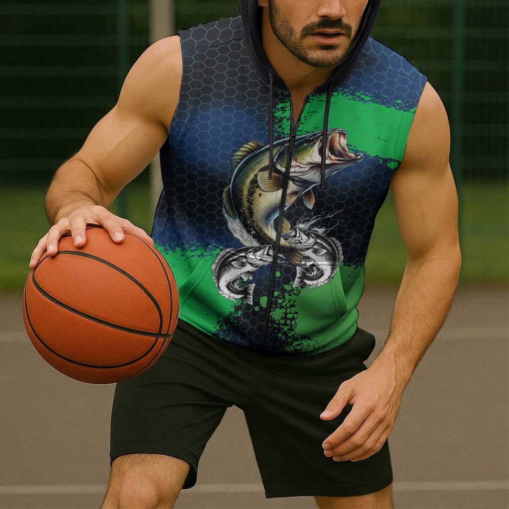 Personalized Bass Fishing Sleeveless Zip Hoodie with Jumping Fish – Green and Black Angler Design - Wonder Print Shop