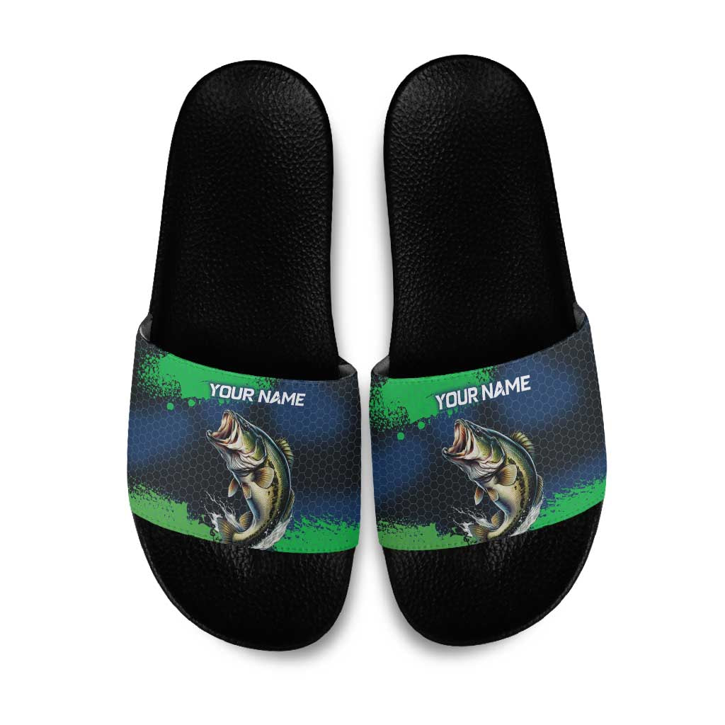 Personalized Bass Fishing Slide Sandals with Jumping Fish – Green and Black Angler Design - Wonder Print Shop