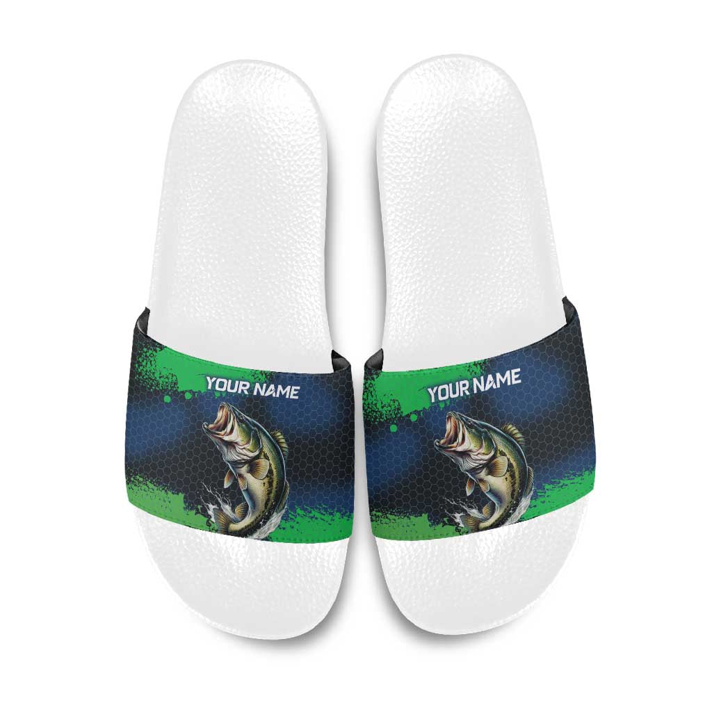 Personalized Bass Fishing Slide Sandals with Jumping Fish – Green and Black Angler Design - Wonder Print Shop