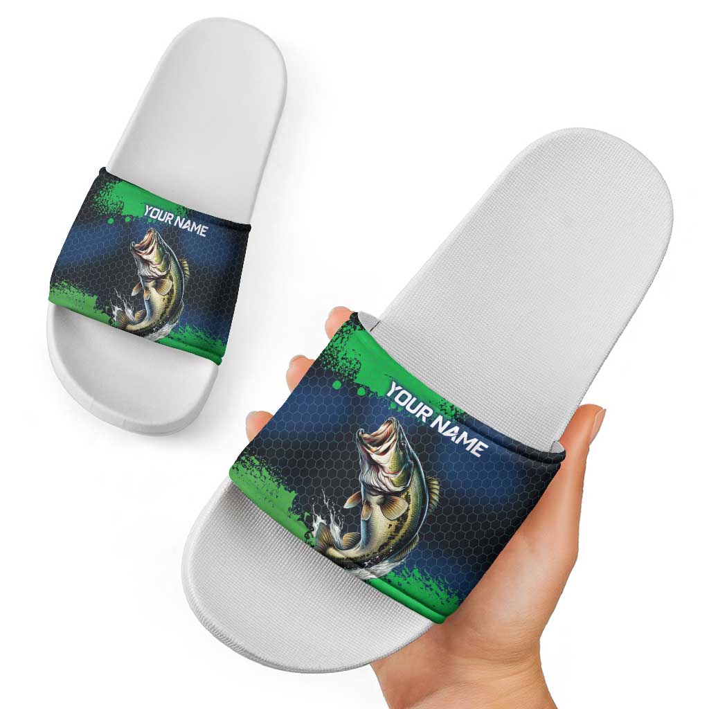 Personalized Bass Fishing Slide Sandals with Jumping Fish – Green and Black Angler Design - Wonder Print Shop
