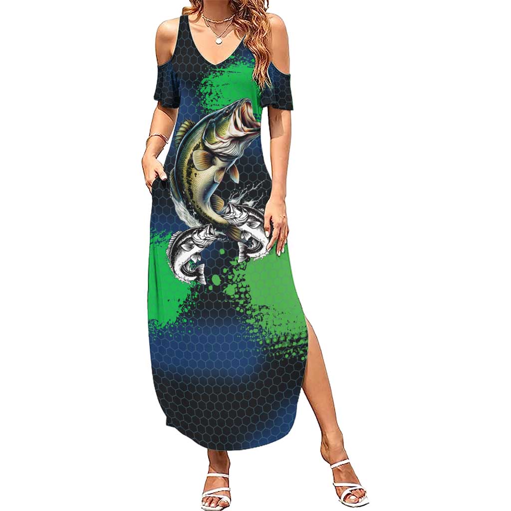 Personalized Bass Fishing Summer Maxi Dress with Jumping Fish – Green and Black Angler Design - Wonder Print Shop