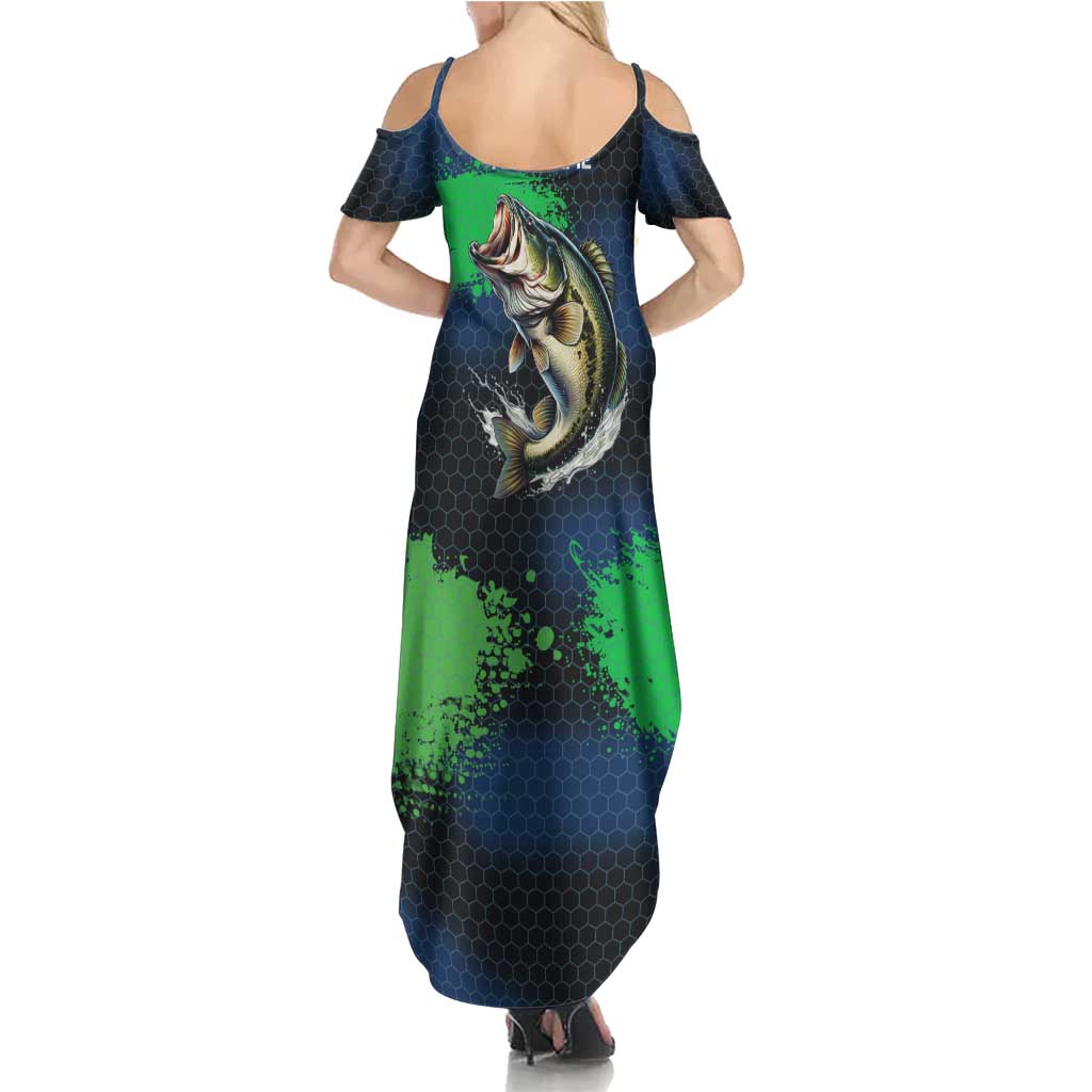 Personalized Bass Fishing Summer Maxi Dress with Jumping Fish – Green and Black Angler Design - Wonder Print Shop