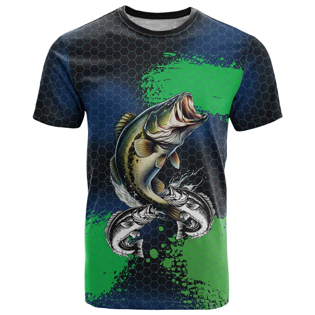Personalized Bass Fishing T Shirt with Jumping Fish – Green and Black Angler Design - Wonder Print Shop