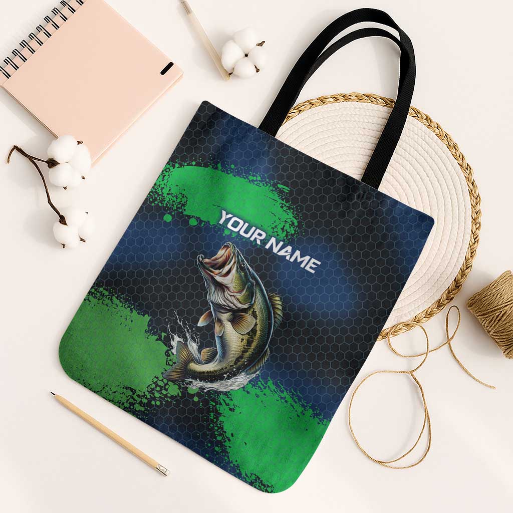 Personalized Bass Fishing Tote Bag with Jumping Fish – Green and Black Angler Design - Wonder Print Shop