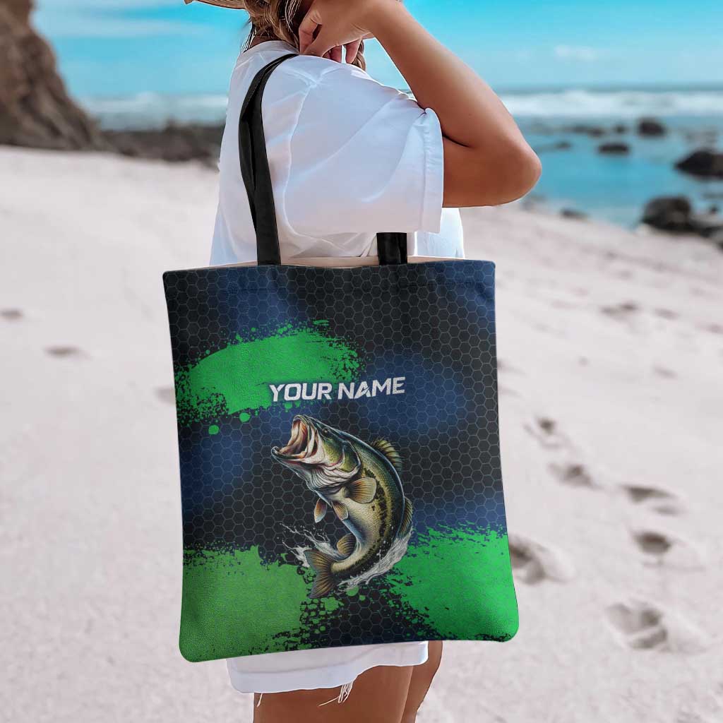 Personalized Bass Fishing Tote Bag with Jumping Fish – Green and Black Angler Design - Wonder Print Shop