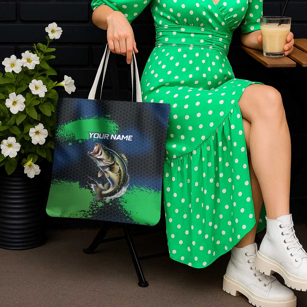 Personalized Bass Fishing Tote Bag with Jumping Fish – Green and Black Angler Design - Wonder Print Shop