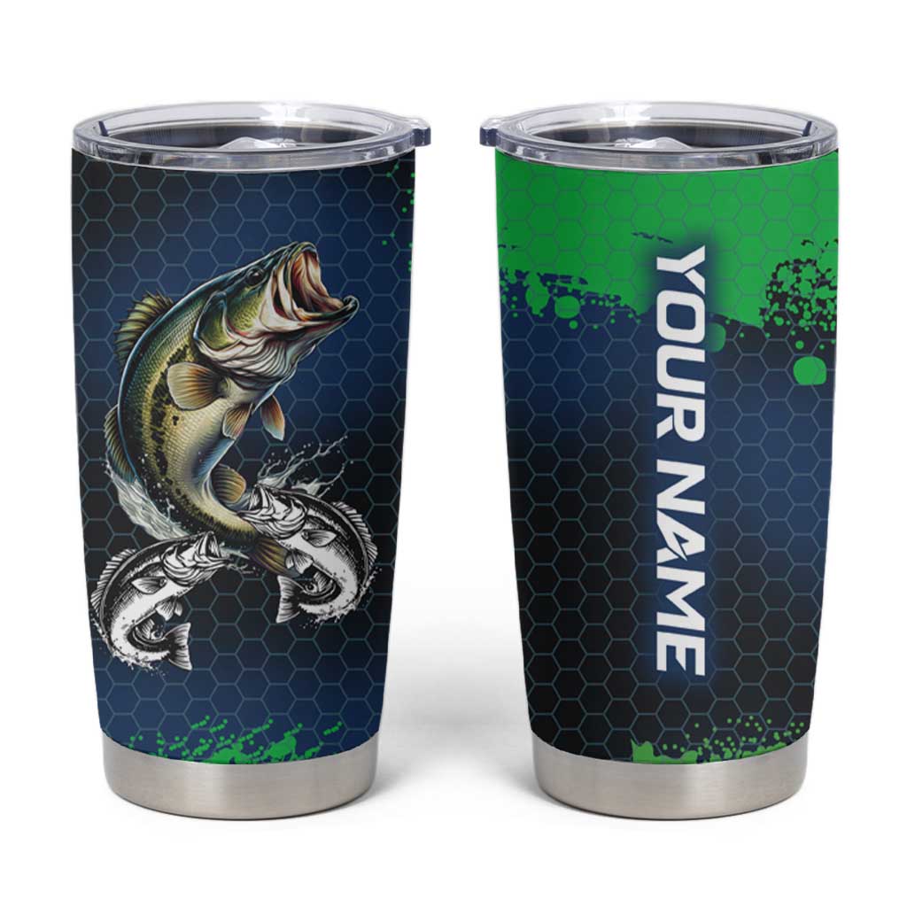 Personalized Bass Fishing Tumbler Cup with Jumping Fish – Green and Black Angler Design - Wonder Print Shop