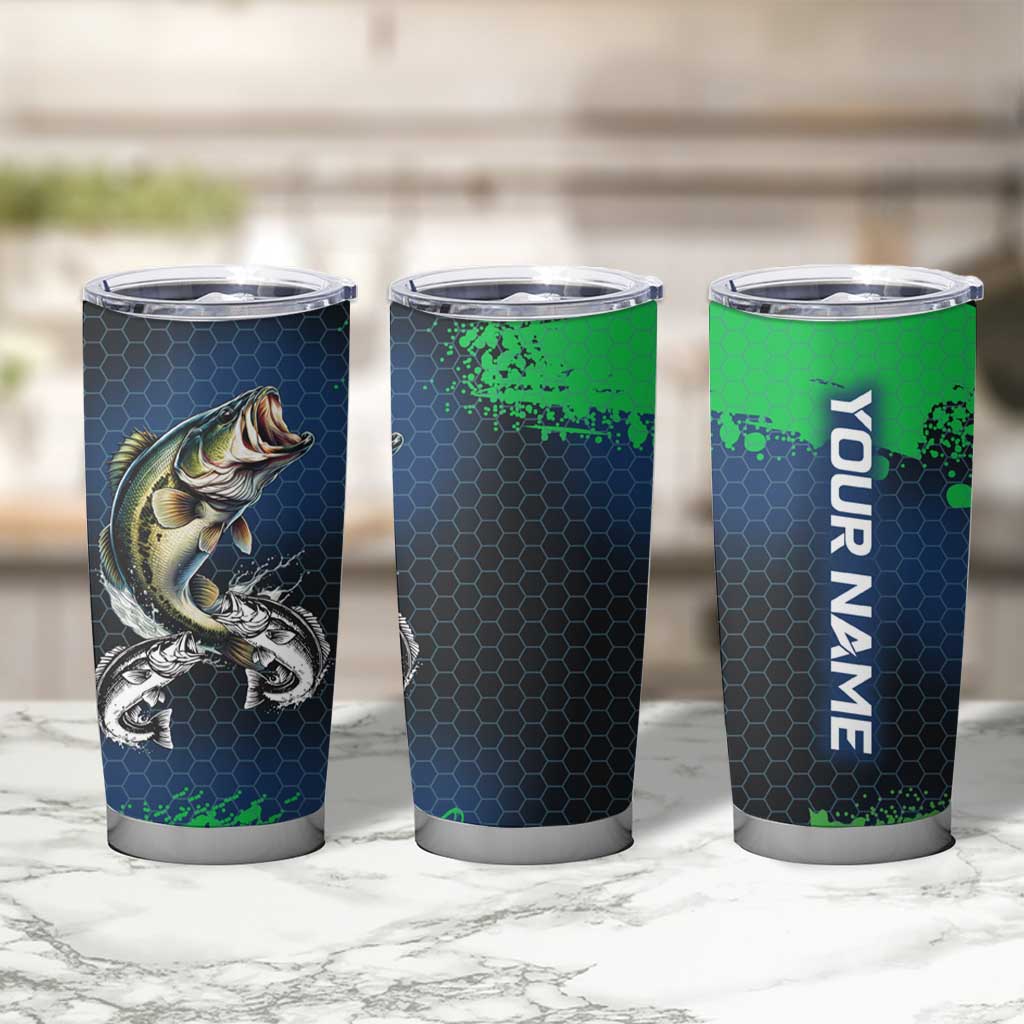 Personalized Bass Fishing Tumbler Cup with Jumping Fish – Green and Black Angler Design - Wonder Print Shop