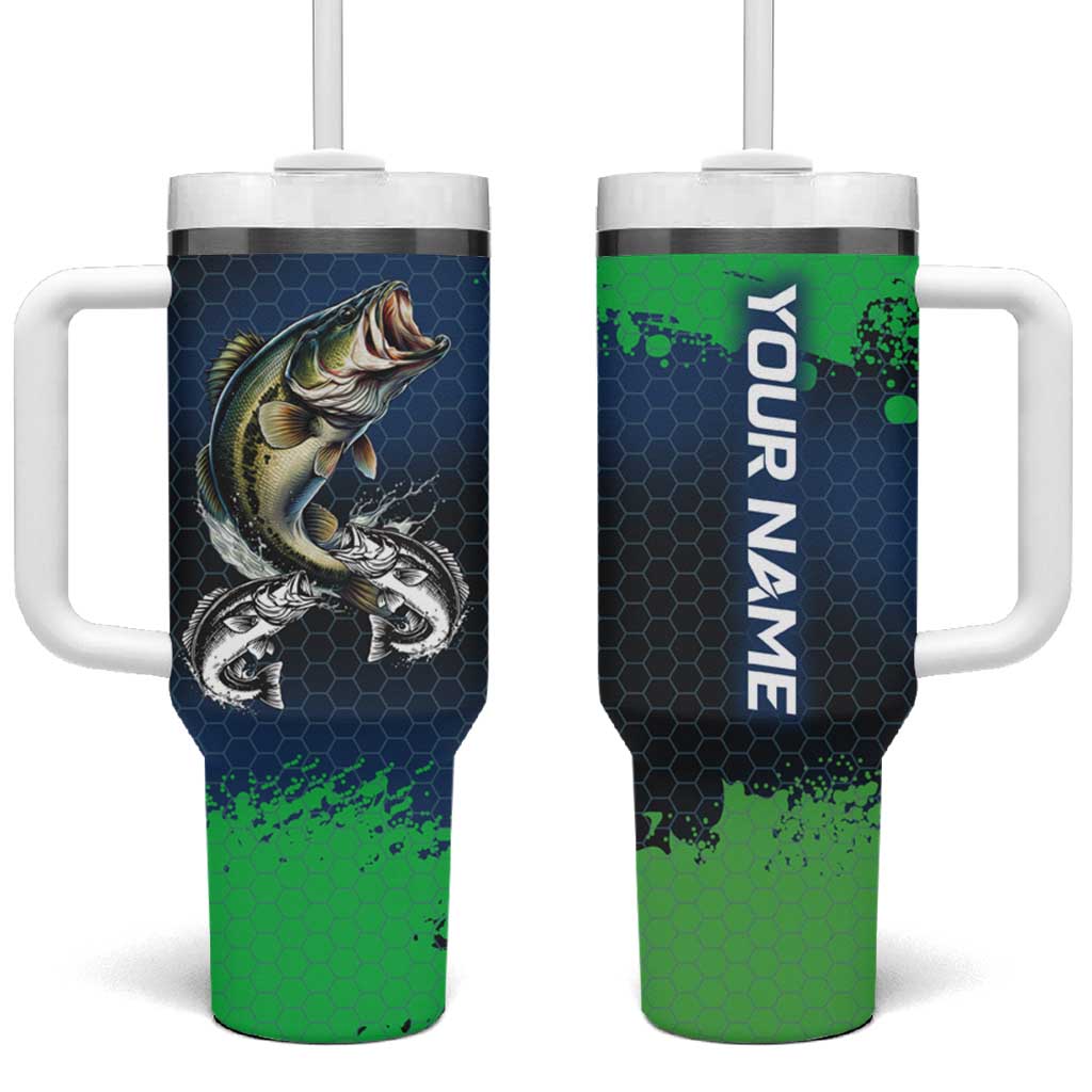 Personalized Bass Fishing Tumbler With Handle with Jumping Fish – Green and Black Angler Design - Wonder Print Shop