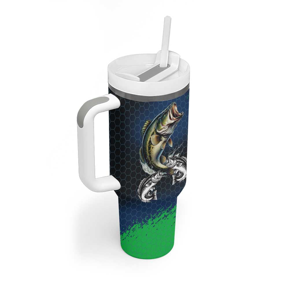 Personalized Bass Fishing Tumbler With Handle with Jumping Fish – Green and Black Angler Design - Wonder Print Shop
