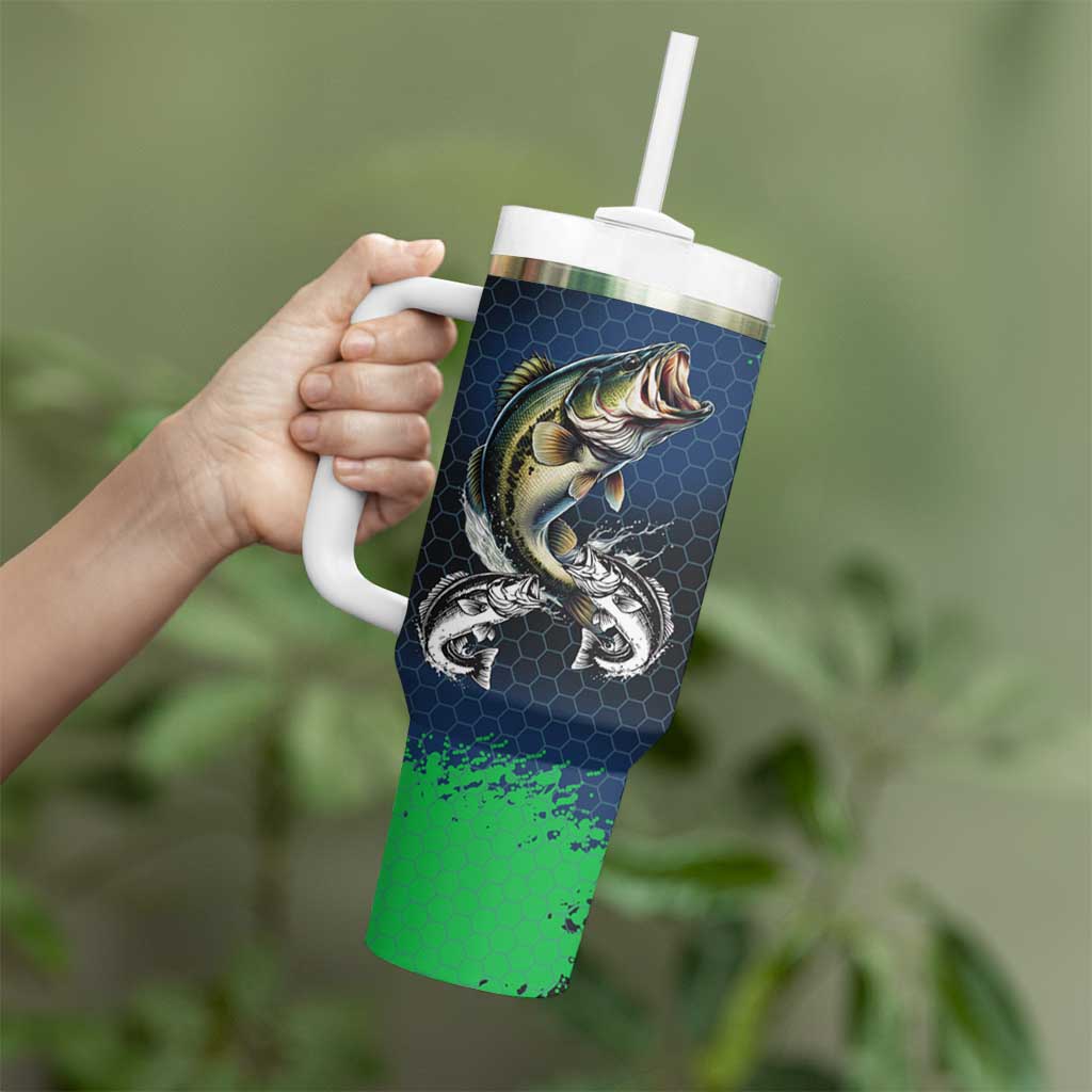 Personalized Bass Fishing Tumbler With Handle with Jumping Fish – Green and Black Angler Design - Wonder Print Shop