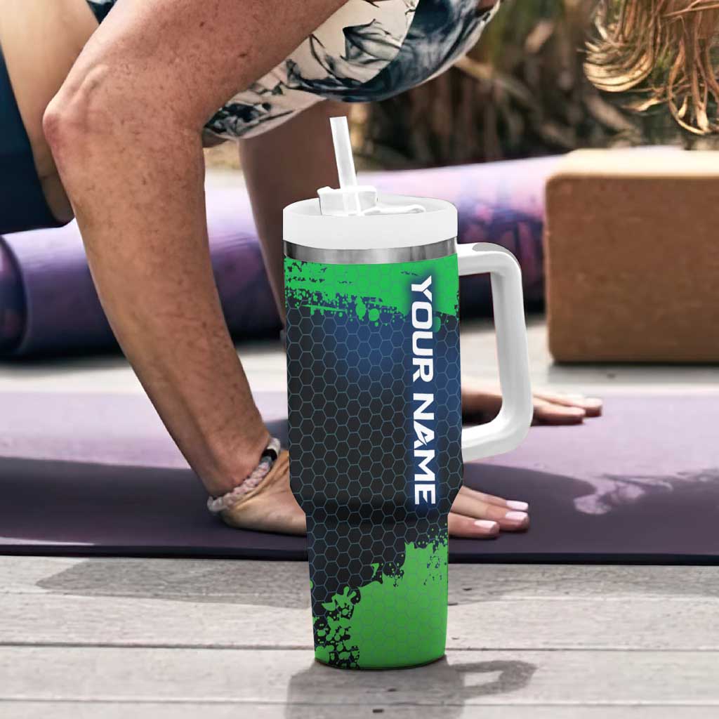 Personalized Bass Fishing Tumbler With Handle with Jumping Fish – Green and Black Angler Design - Wonder Print Shop