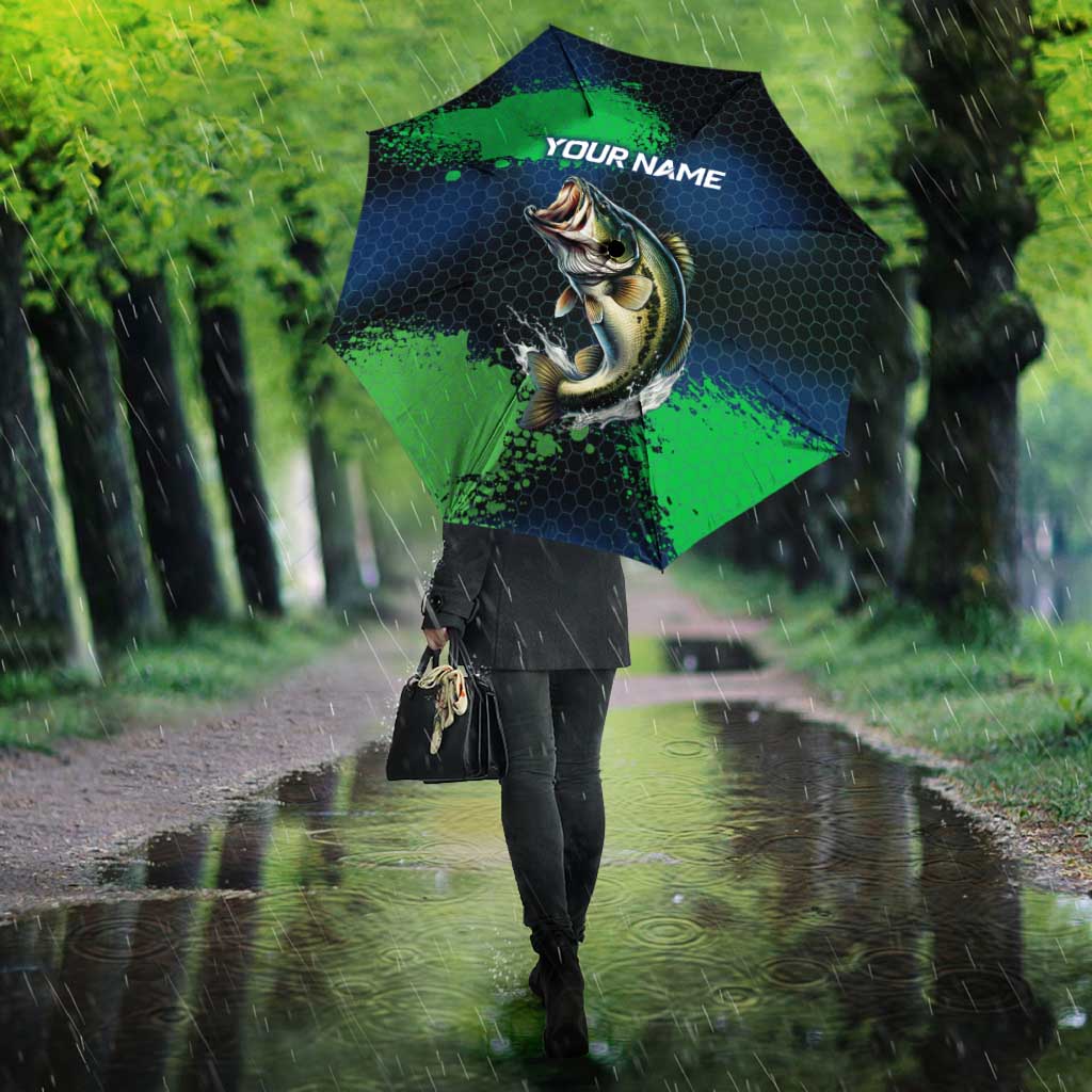Personalized Bass Fishing Umbrella with Jumping Fish – Green and Black Angler Design - Wonder Print Shop