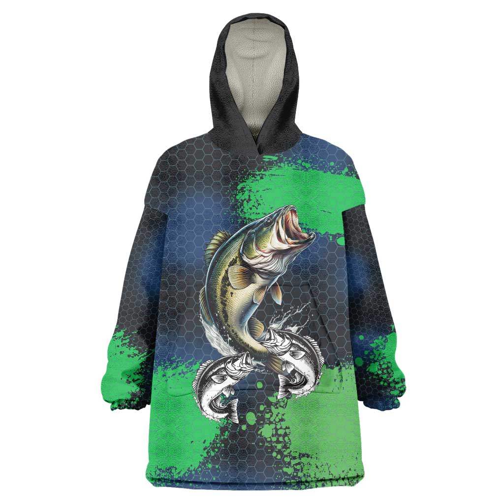 Personalized Bass Fishing Wearable Blanket Hoodie with Jumping Fish – Green and Black Angler Design - Wonder Print Shop