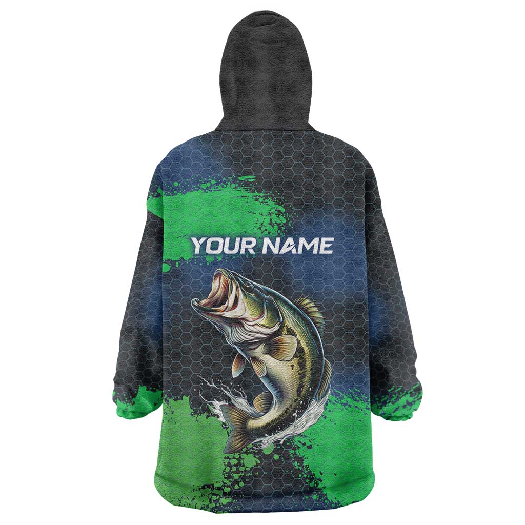 Personalized Bass Fishing Wearable Blanket Hoodie with Jumping Fish – Green and Black Angler Design - Wonder Print Shop