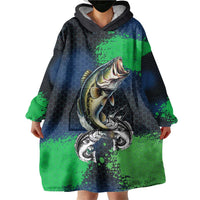 Personalized Bass Fishing Wearable Blanket Hoodie with Jumping Fish – Green and Black Angler Design - Wonder Print Shop