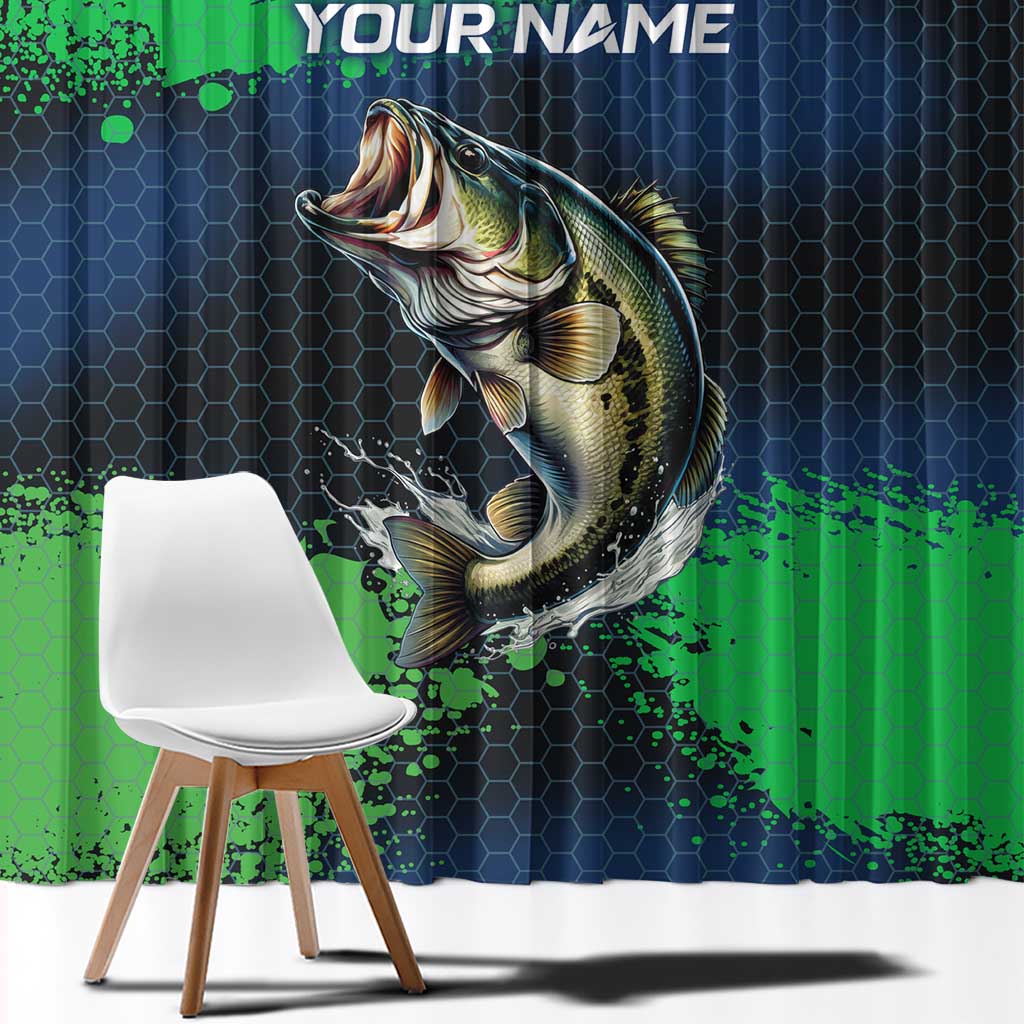 Personalized Bass Fishing Window Curtain with Jumping Fish – Green and Black Angler Design - Wonder Print Shop