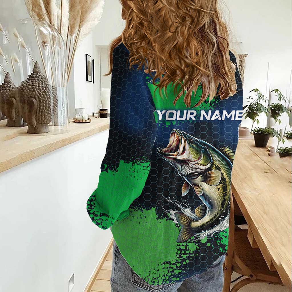 Personalized Bass Fishing Women Casual Shirt with Jumping Fish – Green and Black Angler Design - Wonder Print Shop