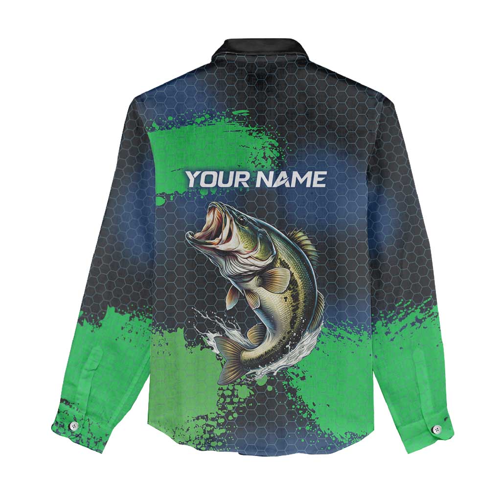 Personalized Bass Fishing Women Casual Shirt with Jumping Fish – Green and Black Angler Design - Wonder Print Shop