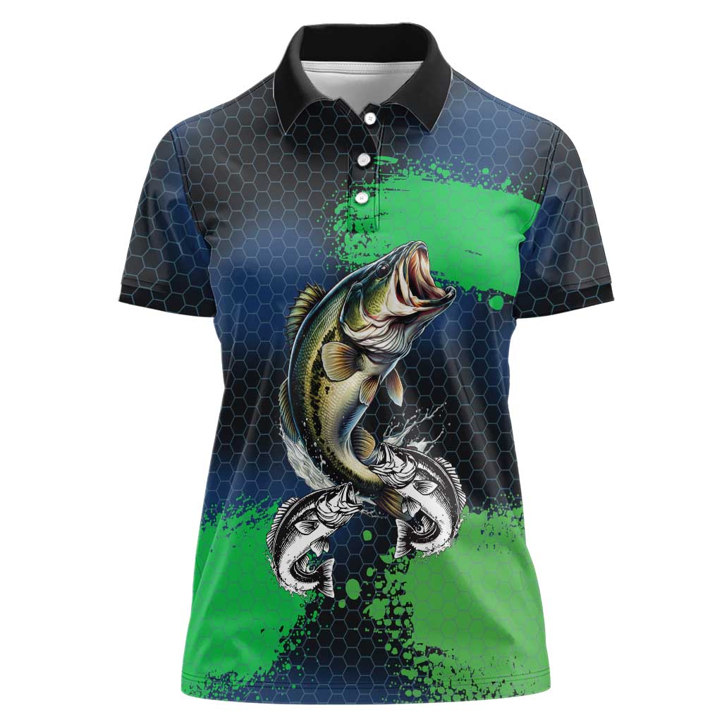Personalized Bass Fishing Women Polo Shirt with Jumping Fish – Green and Black Angler Design - Wonder Print Shop
