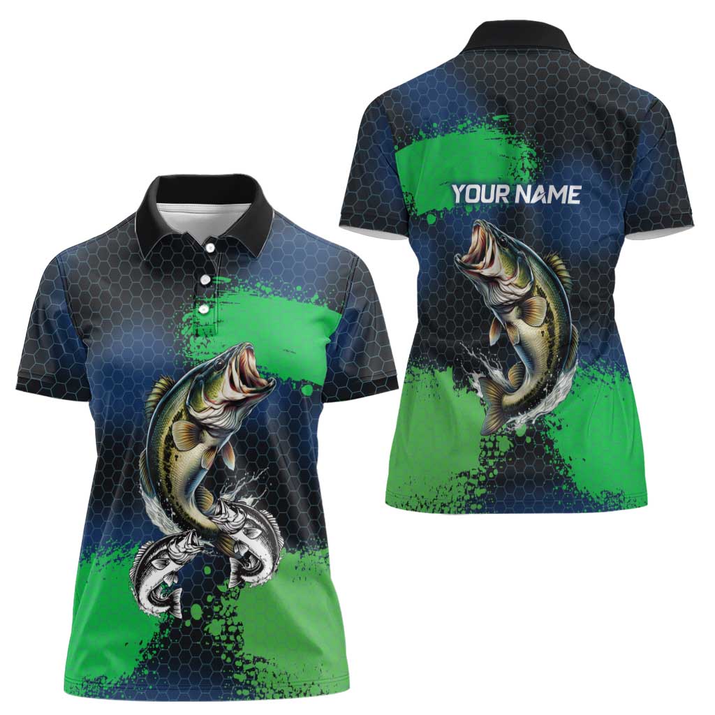 Personalized Bass Fishing Women Polo Shirt with Jumping Fish – Green and Black Angler Design - Wonder Print Shop
