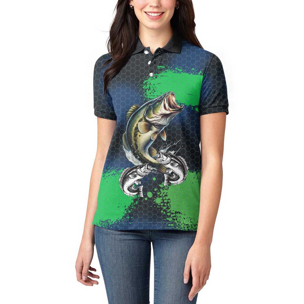 Personalized Bass Fishing Women Polo Shirt with Jumping Fish – Green and Black Angler Design - Wonder Print Shop