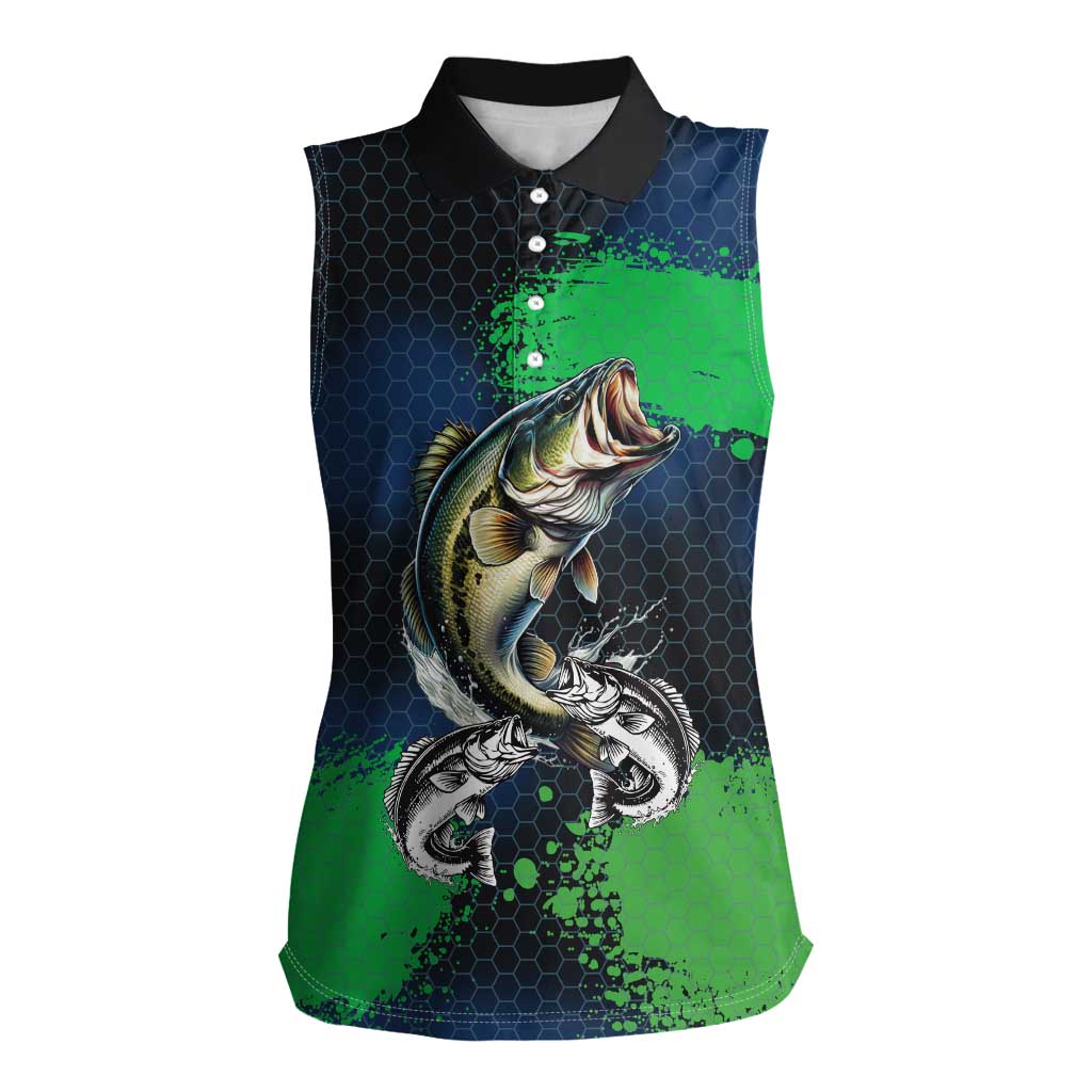 Personalized Bass Fishing Women Sleeveless Polo Shirt with Jumping Fish – Green and Black Angler Design - Wonder Print Shop