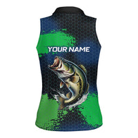 Personalized Bass Fishing Women Sleeveless Polo Shirt with Jumping Fish – Green and Black Angler Design - Wonder Print Shop