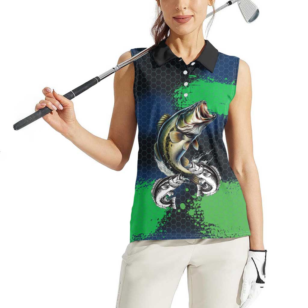 Personalized Bass Fishing Women Sleeveless Polo Shirt with Jumping Fish – Green and Black Angler Design - Wonder Print Shop