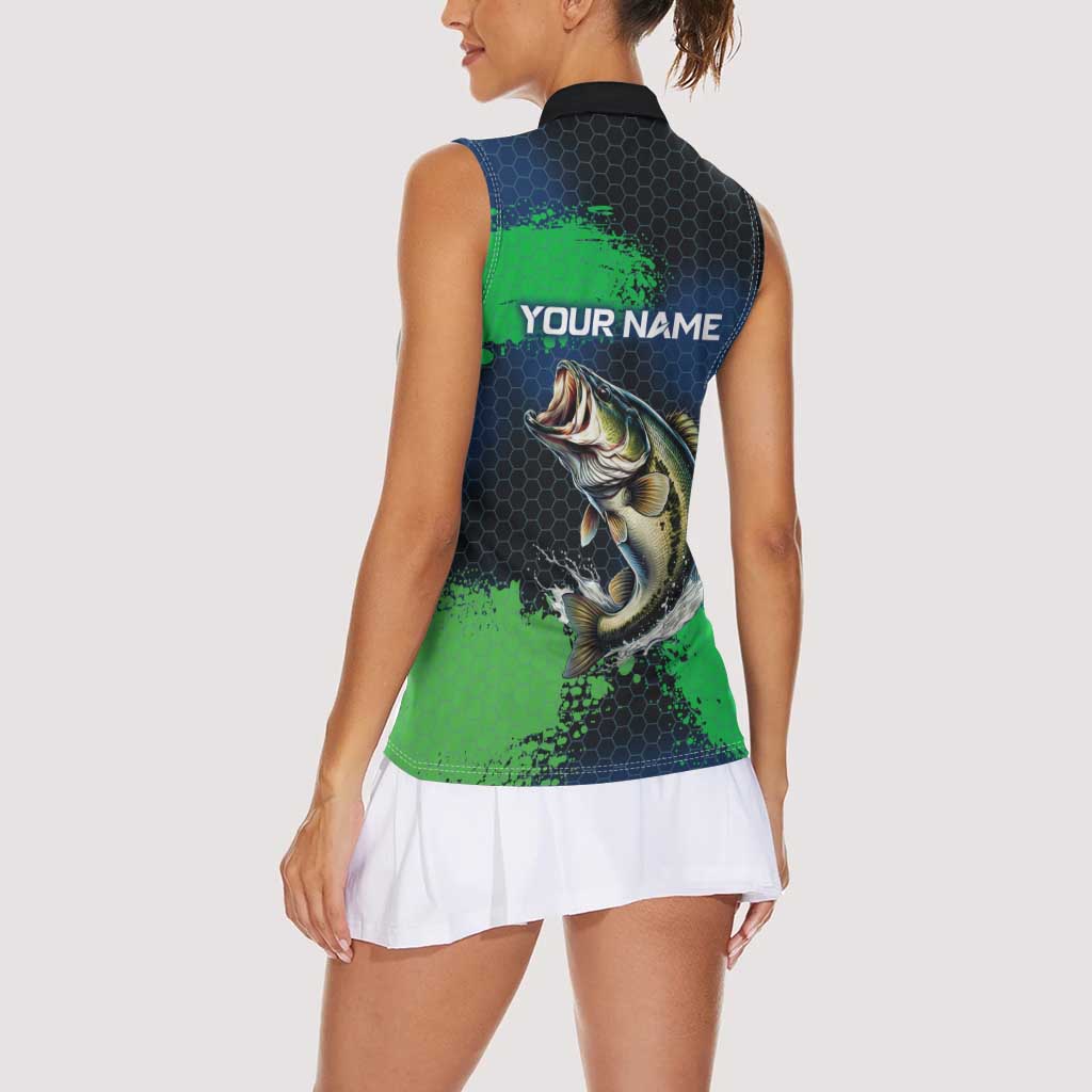 Personalized Bass Fishing Women Sleeveless Polo Shirt with Jumping Fish – Green and Black Angler Design - Wonder Print Shop