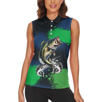 Personalized Bass Fishing Women Sleeveless Polo Shirt with Jumping Fish – Green and Black Angler Design - Wonder Print Shop