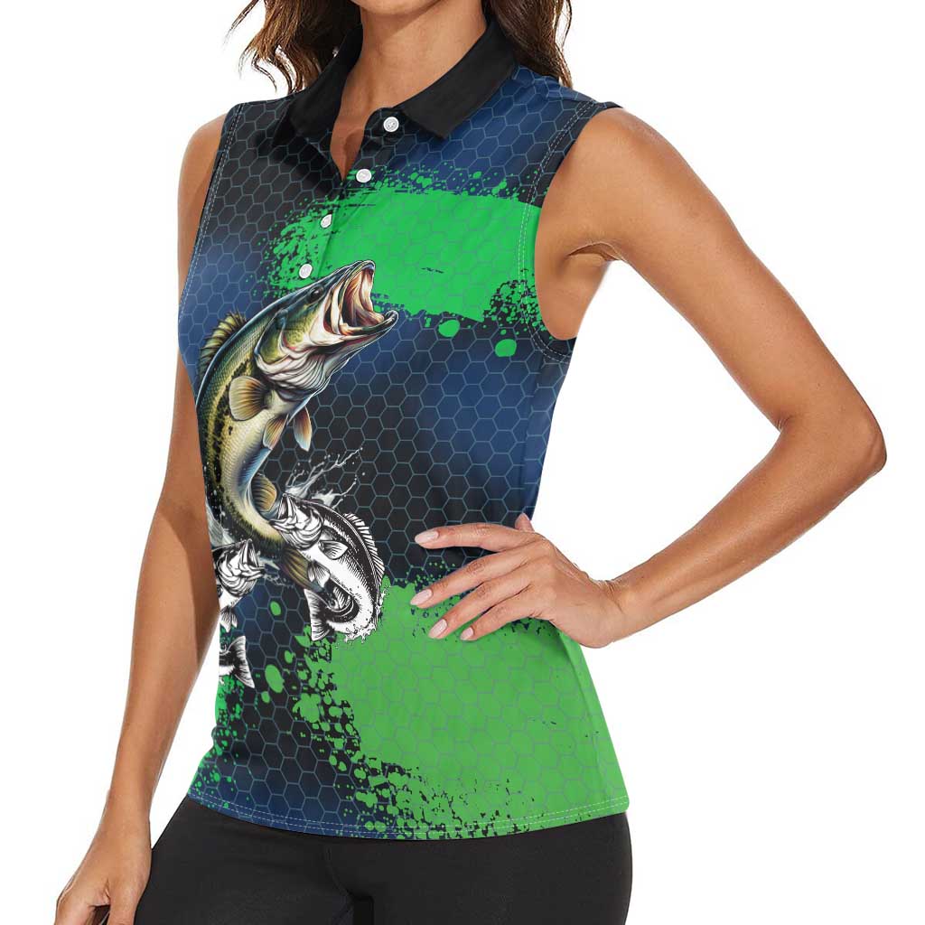 Personalized Bass Fishing Women Sleeveless Polo Shirt with Jumping Fish – Green and Black Angler Design - Wonder Print Shop