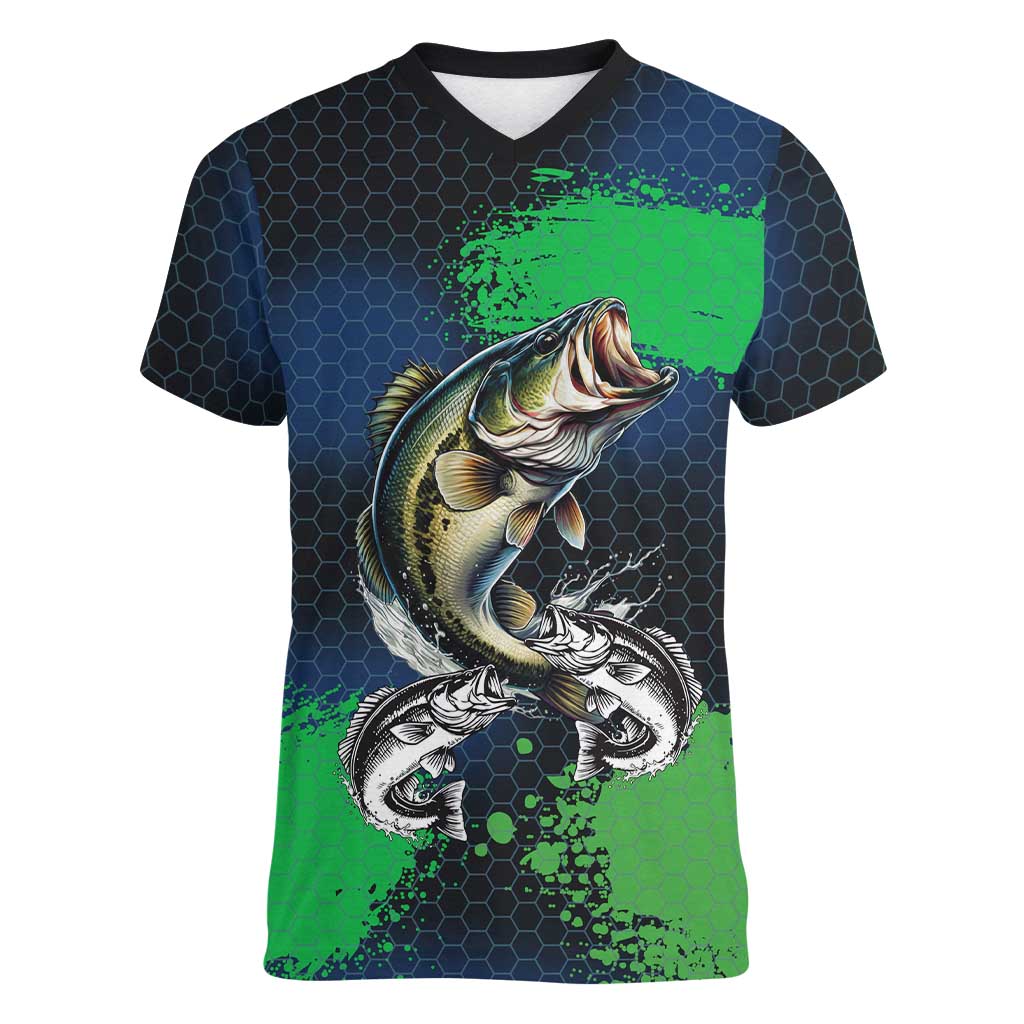 Personalized Bass Fishing Women V-Neck T-Shirt with Jumping Fish – Green and Black Angler Design - Wonder Print Shop