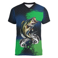 Personalized Bass Fishing Women V-Neck T-Shirt with Jumping Fish – Green and Black Angler Design - Wonder Print Shop