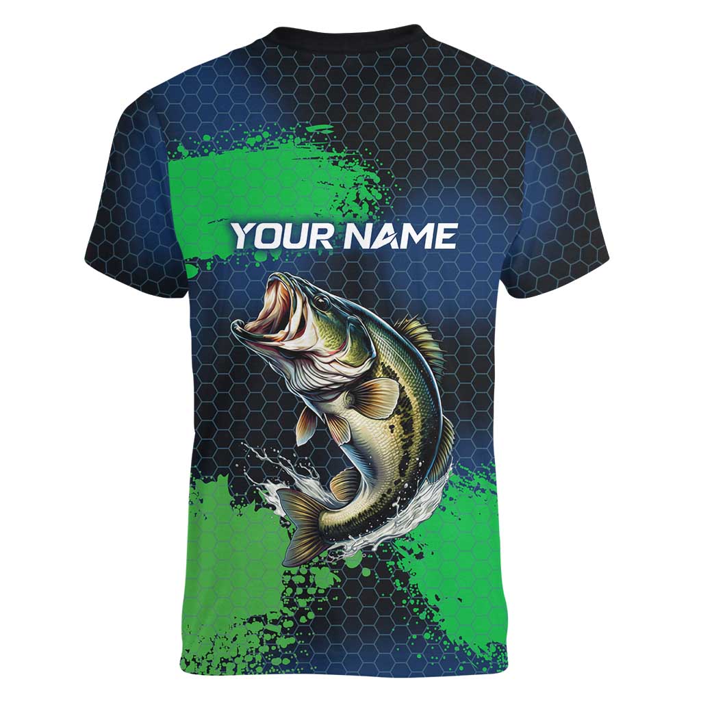 Personalized Bass Fishing Women V-Neck T-Shirt with Jumping Fish – Green and Black Angler Design - Wonder Print Shop