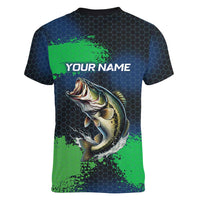 Personalized Bass Fishing Women V-Neck T-Shirt with Jumping Fish – Green and Black Angler Design - Wonder Print Shop