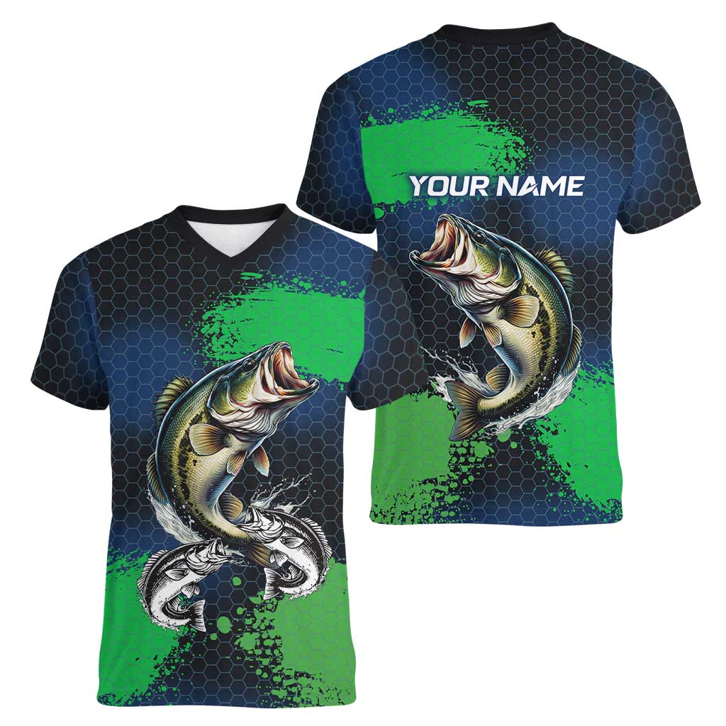 Personalized Bass Fishing Women V-Neck T-Shirt with Jumping Fish – Green and Black Angler Design - Wonder Print Shop
