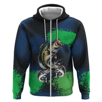 Personalized Bass Fishing Zip Hoodie with Jumping Fish – Green and Black Angler Design - Wonder Print Shop