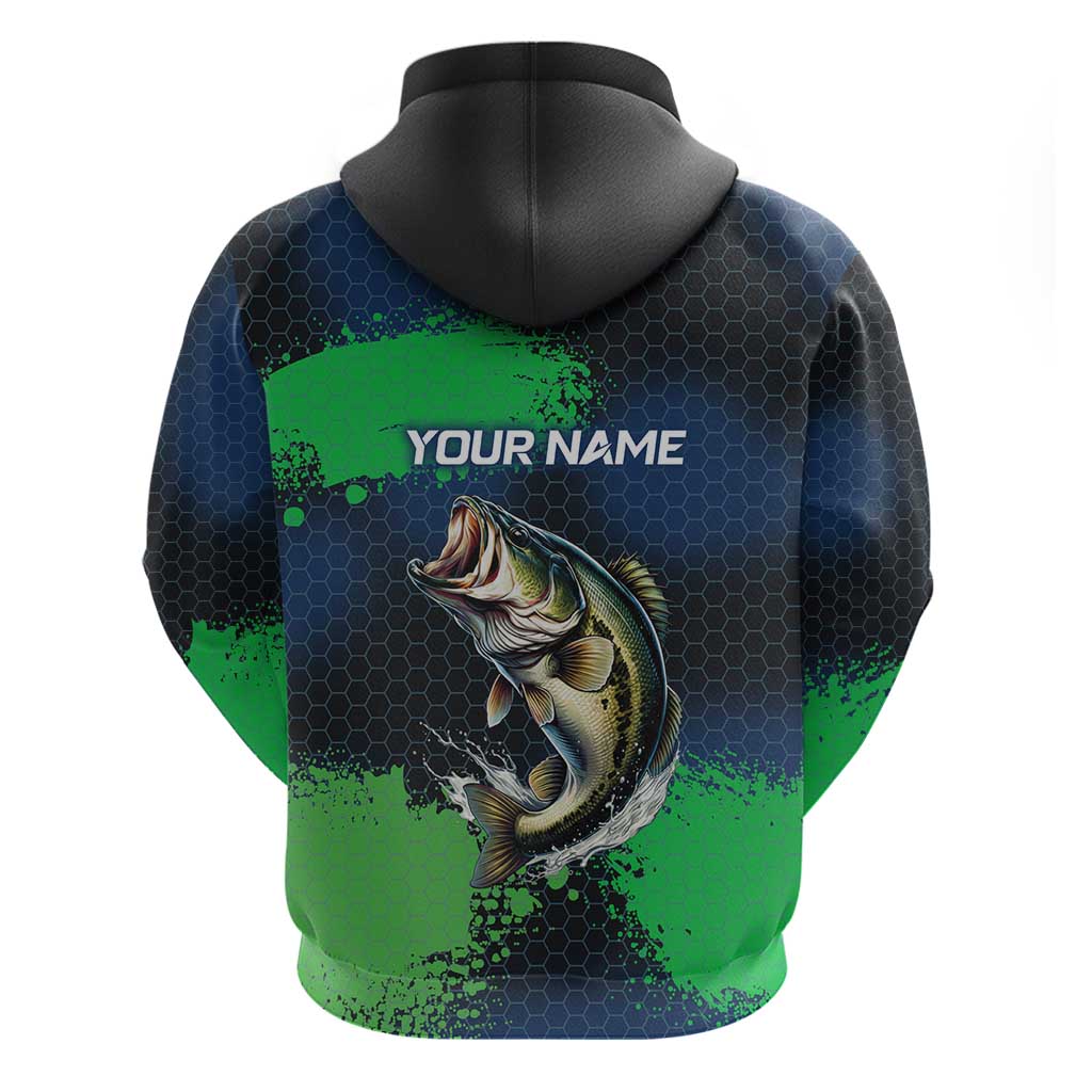 Personalized Bass Fishing Zip Hoodie with Jumping Fish – Green and Black Angler Design - Wonder Print Shop