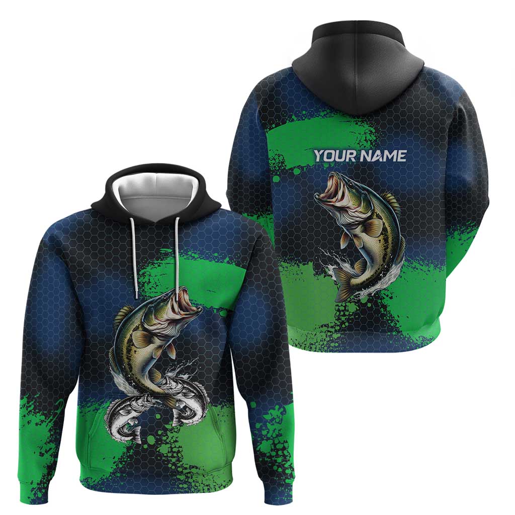 Personalized Bass Fishing Zip Hoodie with Jumping Fish – Green and Black Angler Design - Wonder Print Shop