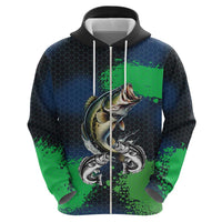 Personalized Bass Fishing Zip Hoodie with Jumping Fish – Green and Black Angler Design - Wonder Print Shop