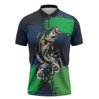 Personalized Bass Fishing Zipper Polo Shirt with Jumping Fish – Green and Black Angler Design - Wonder Print Shop