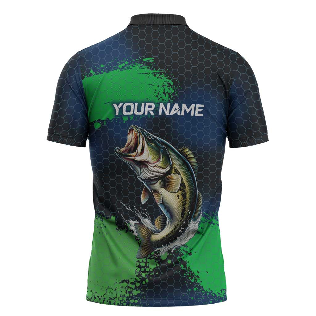 Personalized Bass Fishing Zipper Polo Shirt with Jumping Fish – Green and Black Angler Design - Wonder Print Shop