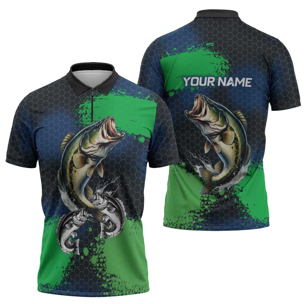 Personalized Bass Fishing Zipper Polo Shirt with Jumping Fish – Green and Black Angler Design - Wonder Print Shop