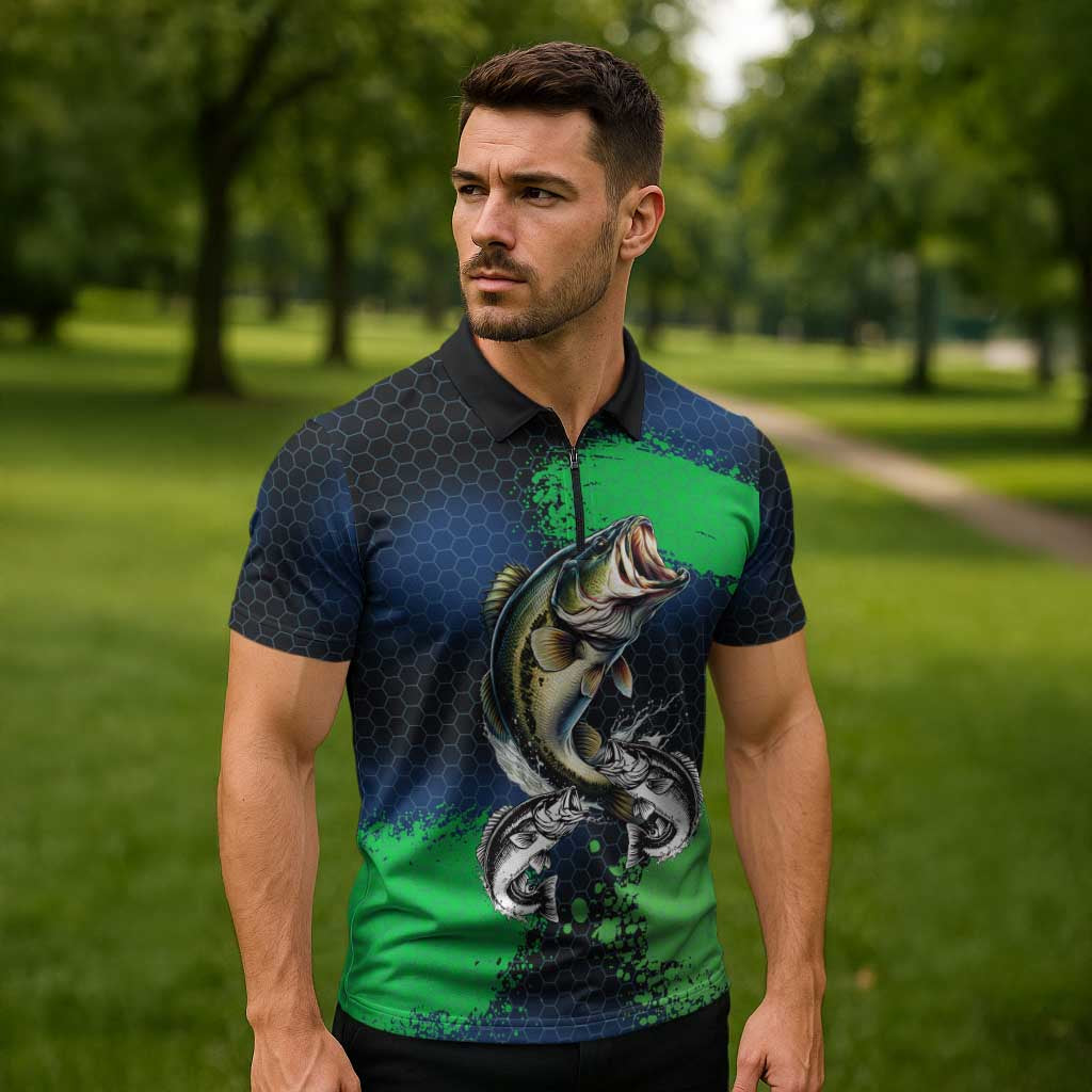 Personalized Bass Fishing Zipper Polo Shirt with Jumping Fish – Green and Black Angler Design - Wonder Print Shop