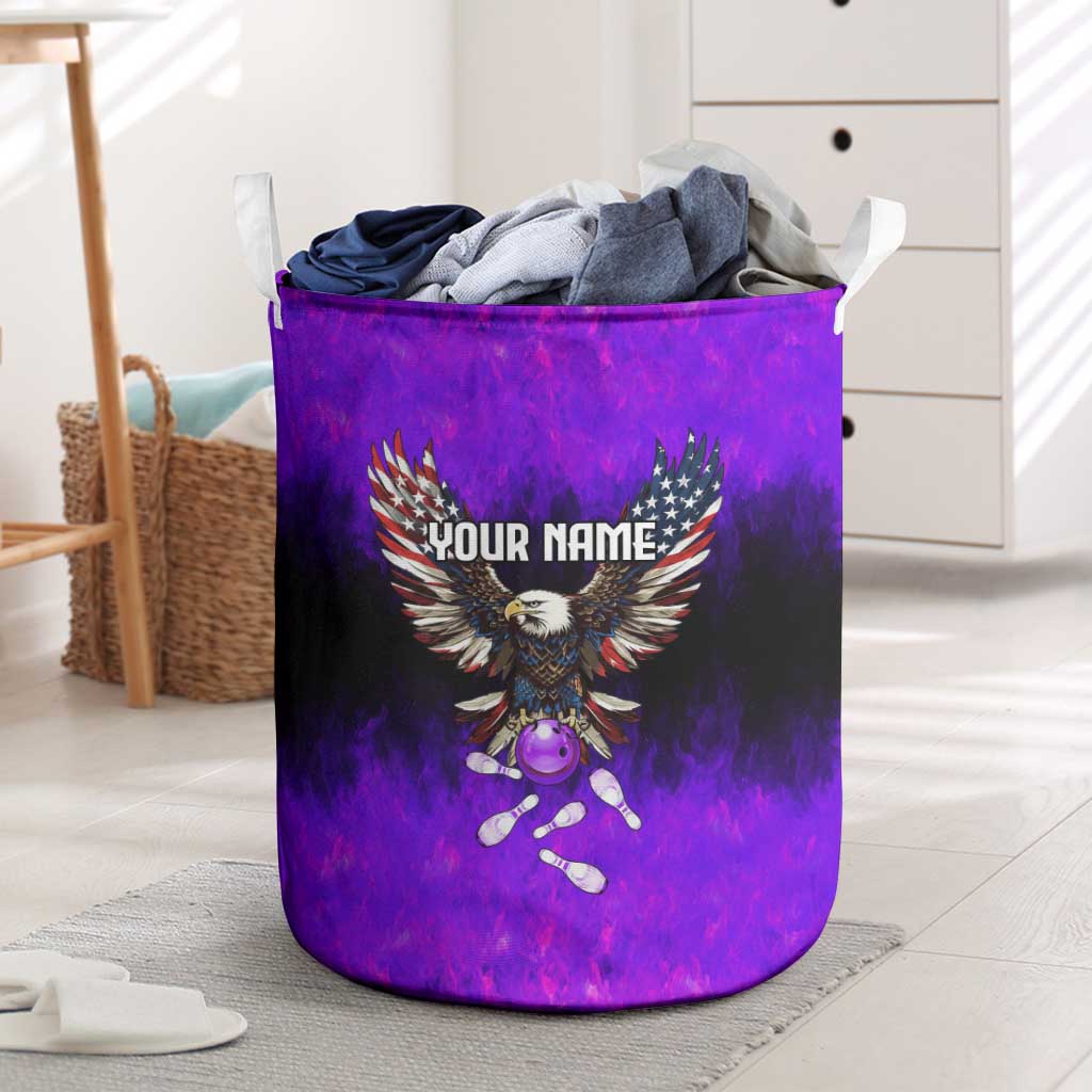 Personalized Patriotic Eagle Bowling Laundry Basket with Purple Flames USA Flag Wings Design - Wonder Print Shop